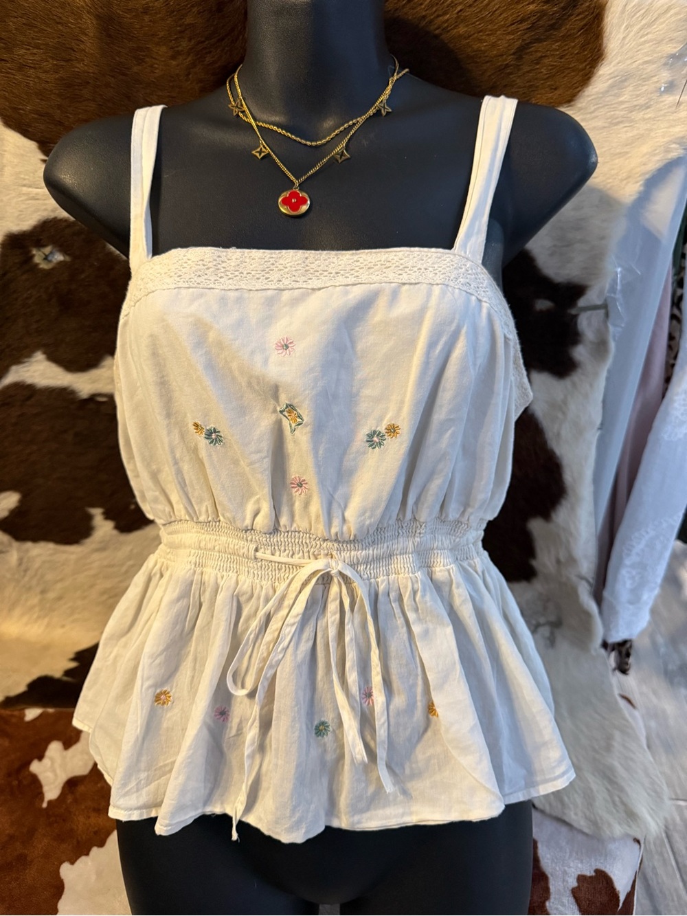 Celebrity Pink Cream Embroidered Smocked Peplum Tank